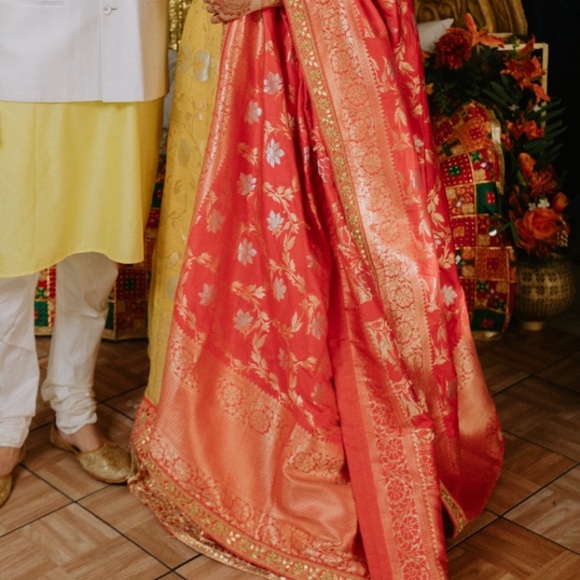 Yellow Banarasi Lengha with a Heavy Red Banarasi Dupatta - Picture 2 of 2